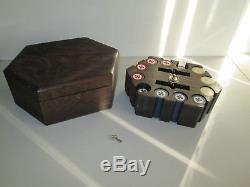 Vintage Inlaid Shamrock Poker Set Wooden Lock Box Pull Out Holder 300+ Chips