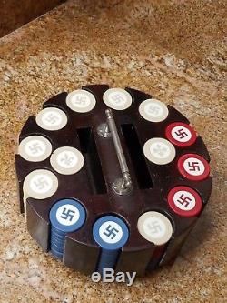 Vintage LARGE POKER SET Swastika GOOD LUCK clay chips, cards, caddy. Pre-WWI