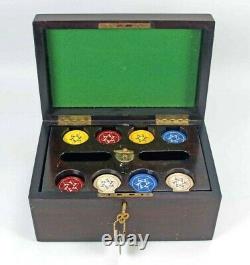 Vintage Large Poker Set Locking Wood Box Evening Star Clay Chips Rare