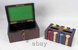 Vintage Large Poker Set Locking Wood Box Evening Star Clay Chips Rare