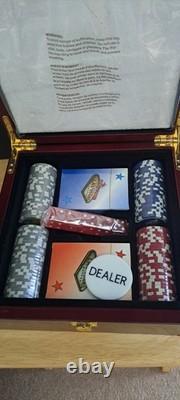 Vintage Las Vegas Poker Set In High Glossed Box Chips Cards Dice Dealer Button