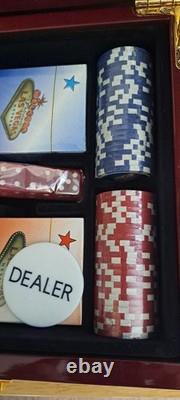 Vintage Las Vegas Poker Set In High Glossed Box Chips Cards Dice Dealer Button