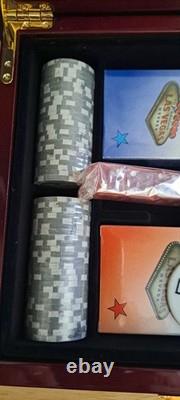 Vintage Las Vegas Poker Set In High Glossed Box Chips Cards Dice Dealer Button