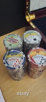 Vintage Las Vegas Poker Set In High Glossed Box Chips Cards Dice Dealer Button