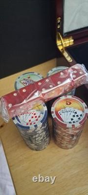 Vintage Las Vegas Poker Set In High Glossed Box Chips Cards Dice Dealer Button