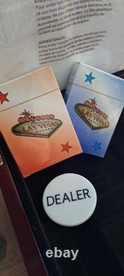 Vintage Las Vegas Poker Set In High Glossed Box Chips Cards Dice Dealer Button