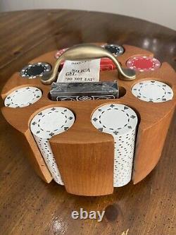 Vintage Marlboro Poker Chip Set. Wooden Rotating Caddy, 2 Decks Of Cards & Chips