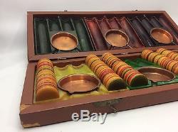 Vintage Mid Century Bakelite Poker 6 Ashtray Set with Chips & Box-Butterscotch