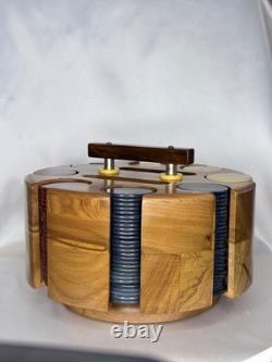 Vintage Mid Century Modern Rotating Wood Poker Chip Caddy Set with Case 300