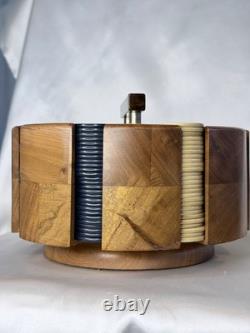 Vintage Mid Century Modern Rotating Wood Poker Chip Caddy Set with Case 300