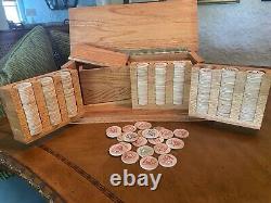 Vintage Missouri Vermillion Wood Poker Chip Set with Cabinet & Federal Chips