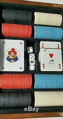 Vintage Modiano Poker Set Wood Case 200 Chip Cards Dice Made in Italy Casino