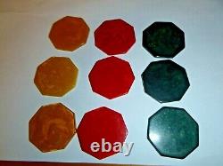 Vintage Octagonal Amber Red And Blue Bakelite Poker Chip Set 192 Piece