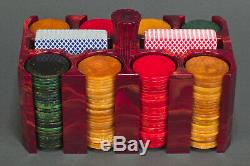 Vintage Oxblood Red Catalin / Bakelite Poker Chip Set Caddy Holder with Chips