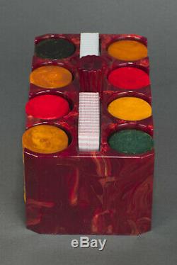 Vintage Oxblood Red Catalin / Bakelite Poker Chip Set Caddy Holder with Chips