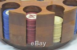 Vintage POKER SET 237 M Clay Chips Red, Blue, White In Rotating Wooden Caddy