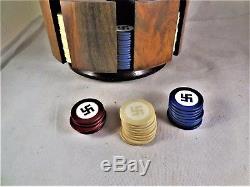 Vintage POKER SET Swastika GOOD LUCK clay chips, cards, caddy. Pre-WWII