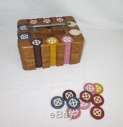 Vintage Poker Chip Set 290 Inlaid Chips Wood Box Handle Playing Card Slots