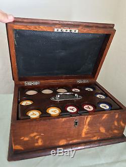 Vintage Poker Chip Set In Beautiful Hinged Oak Box with Inlaid Cover
