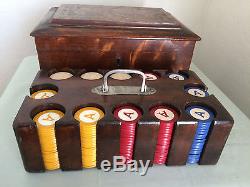 Vintage Poker Chip Set In Beautiful Hinged Oak Box with Inlaid Cover