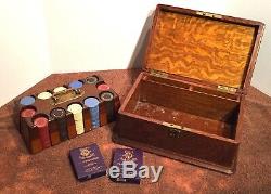 Vintage Poker Chip Set Oak Box Orig Cards 1930s