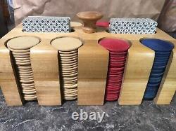 Vintage Poker Chip Set Wooden Caddy, 2 steamboat decks, wooden chips & cover