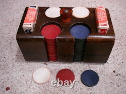 Vintage Poker Chip Set Wooden Carrier with All Wood Chips, Caddy & Cards