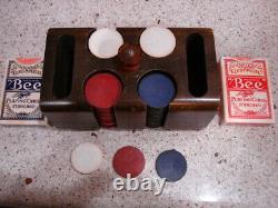 Vintage Poker Chip Set Wooden Carrier with All Wood Chips, Caddy & Cards
