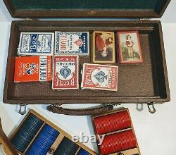 Vintage Poker Chips & Playing Cards Set with Wood Case Genuine Lowe NY Game