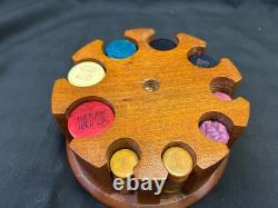 Vintage Poker Chips Set with Wood Caddy & Colorful Early Plastic Chips