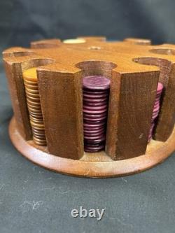 Vintage Poker Chips Set with Wood Caddy & Colorful Early Plastic Chips