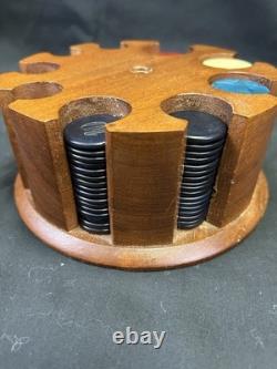 Vintage Poker Chips Set with Wood Caddy & Colorful Early Plastic Chips