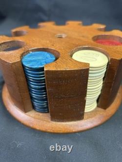 Vintage Poker Chips Set with Wood Caddy & Colorful Early Plastic Chips