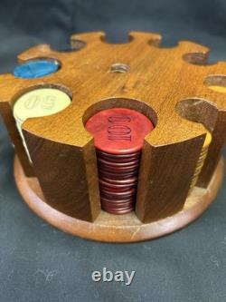 Vintage Poker Chips Set with Wood Caddy & Colorful Early Plastic Chips
