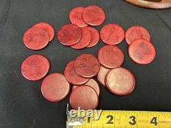 Vintage Poker Chips Set with Wood Caddy & Colorful Early Plastic Chips