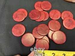 Vintage Poker Chips Set with Wood Caddy & Colorful Early Plastic Chips