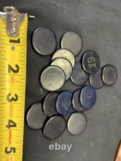 Vintage Poker Chips Set with Wood Caddy & Colorful Early Plastic Chips