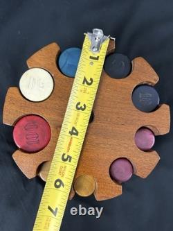 Vintage Poker Chips Set with Wood Caddy & Colorful Early Plastic Chips