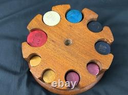 Vintage Poker Chips Set with Wood Caddy & Colorful Early Plastic Chips
