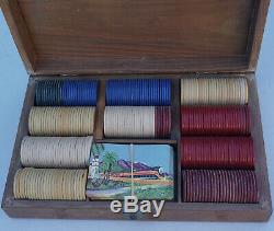 Vintage Poker Clay Chips & Hotel Del Monte Playing Cards Set with Wood Case 270