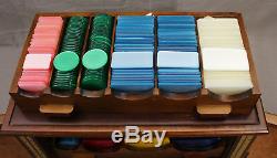 Vintage Poker Set 842 Plaques Made in Italy 4 Drawer Wood Box European Chips Key
