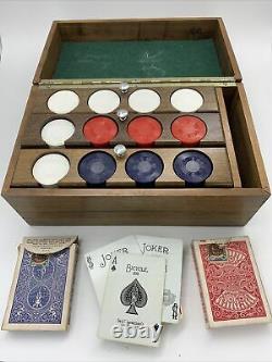 Vintage Poker Set Chips Bicycle 808 Card Decks in Wooden Box Tax Stamp 1940s 50s