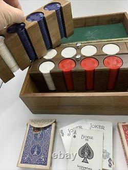 Vintage Poker Set Chips Bicycle 808 Card Decks in Wooden Box Tax Stamp 1940s 50s