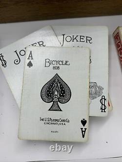 Vintage Poker Set Chips Bicycle 808 Card Decks in Wooden Box Tax Stamp 1940s 50s