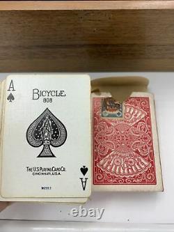 Vintage Poker Set Chips Bicycle 808 Card Decks in Wooden Box Tax Stamp 1940s 50s