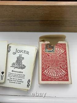 Vintage Poker Set Chips Bicycle 808 Card Decks in Wooden Box Tax Stamp 1940s 50s