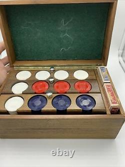 Vintage Poker Set Chips Bicycle 808 Card Decks in Wooden Box Tax Stamp 1940s 50s