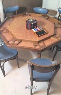 Vintage Poker Table And Chair Set. With Chips And Cards