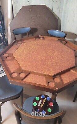 Vintage Poker Table And Chair Set. With Chips And Cards