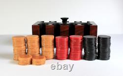 Vintage Rosewood Grain Paint POKER CHIP BOX SET Bakelite Chips Caddy Wood